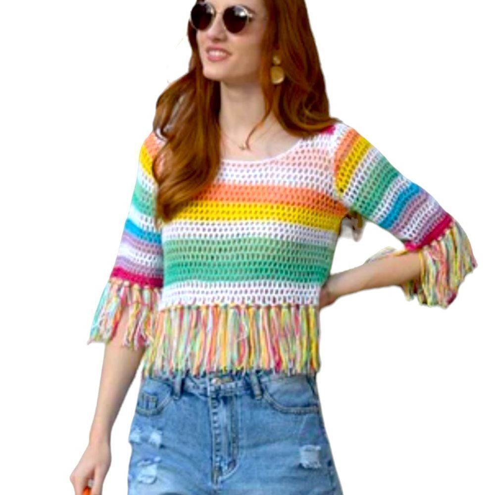 Rainbow Crochet Fringe Top Open Knit Top 
Large NWT